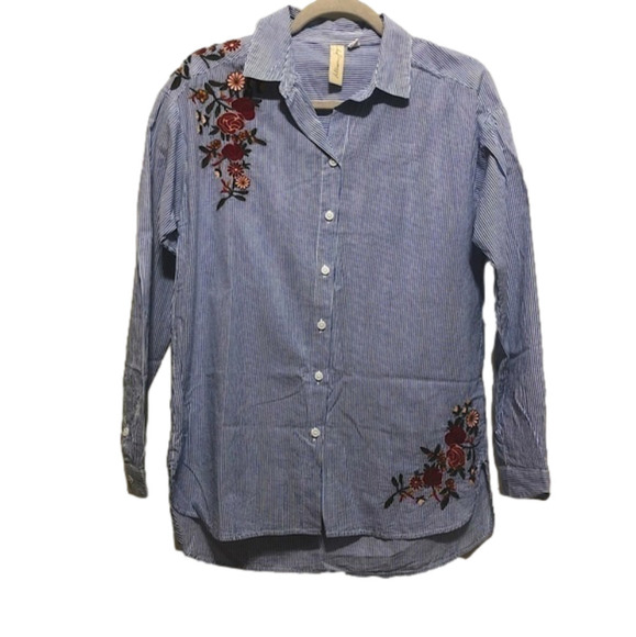 𝅺allison Joy Stripe Embroidered Floral Button Down Long Sleeve Shirt Size Small - Picture 1 of 9